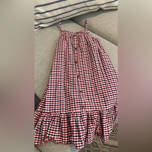 Blue and red check, 5 T, thin strapped dress, hardly worn/like new